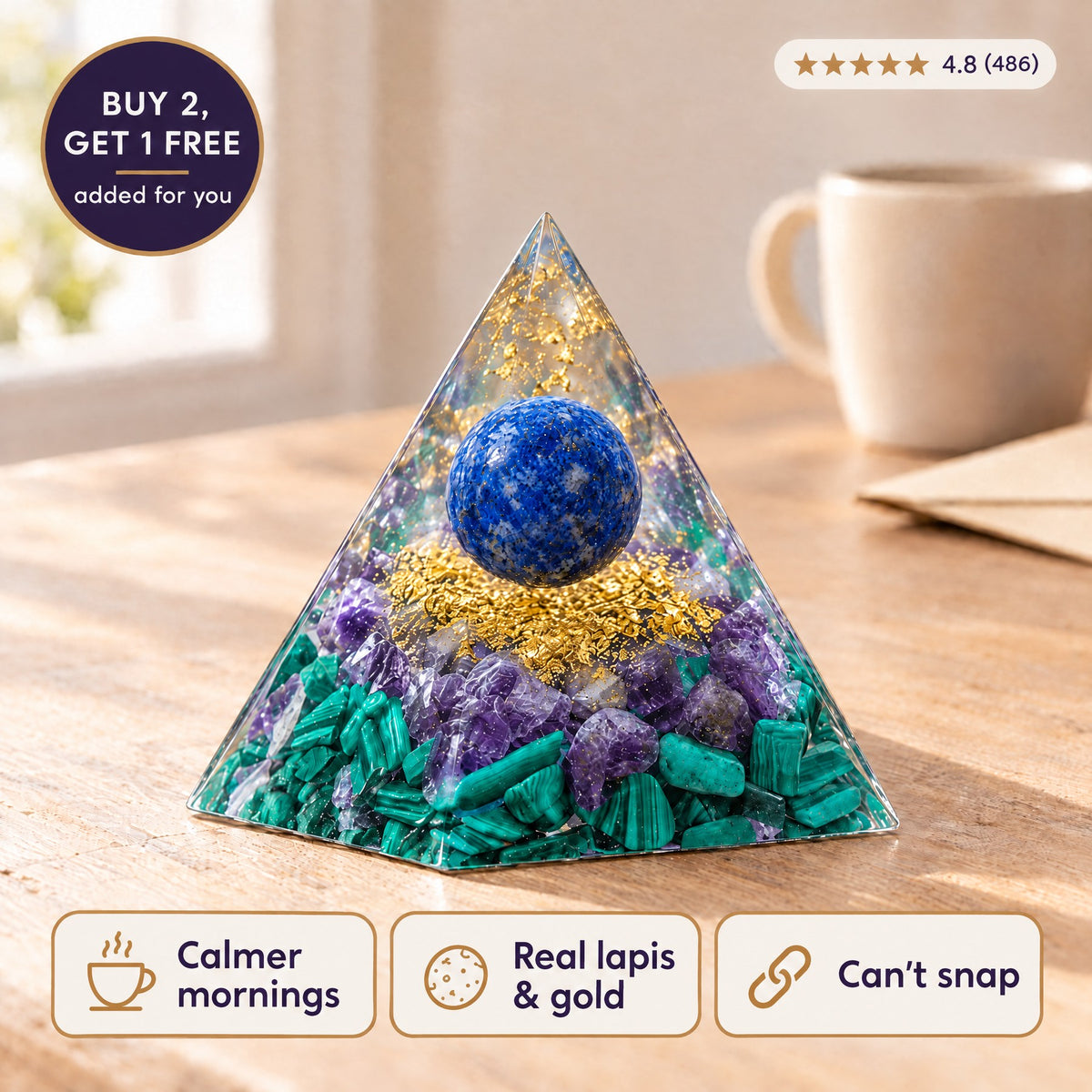 Sovereign Abundance Pyramid on a kitchen table: calmer mornings, real lapis and gold, can’t snap; buy 2, get 1 free