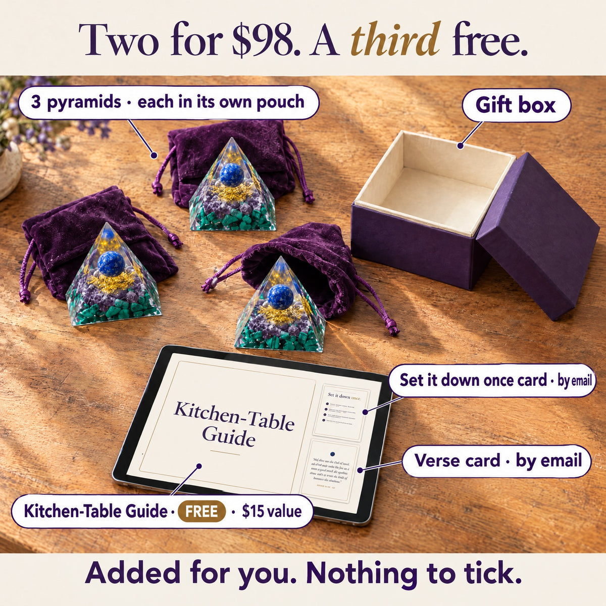 Two for $98, a third free: what’s in the box