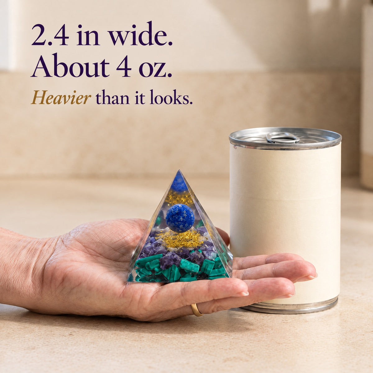2.4 in wide, about 4 oz, next to a can of soup