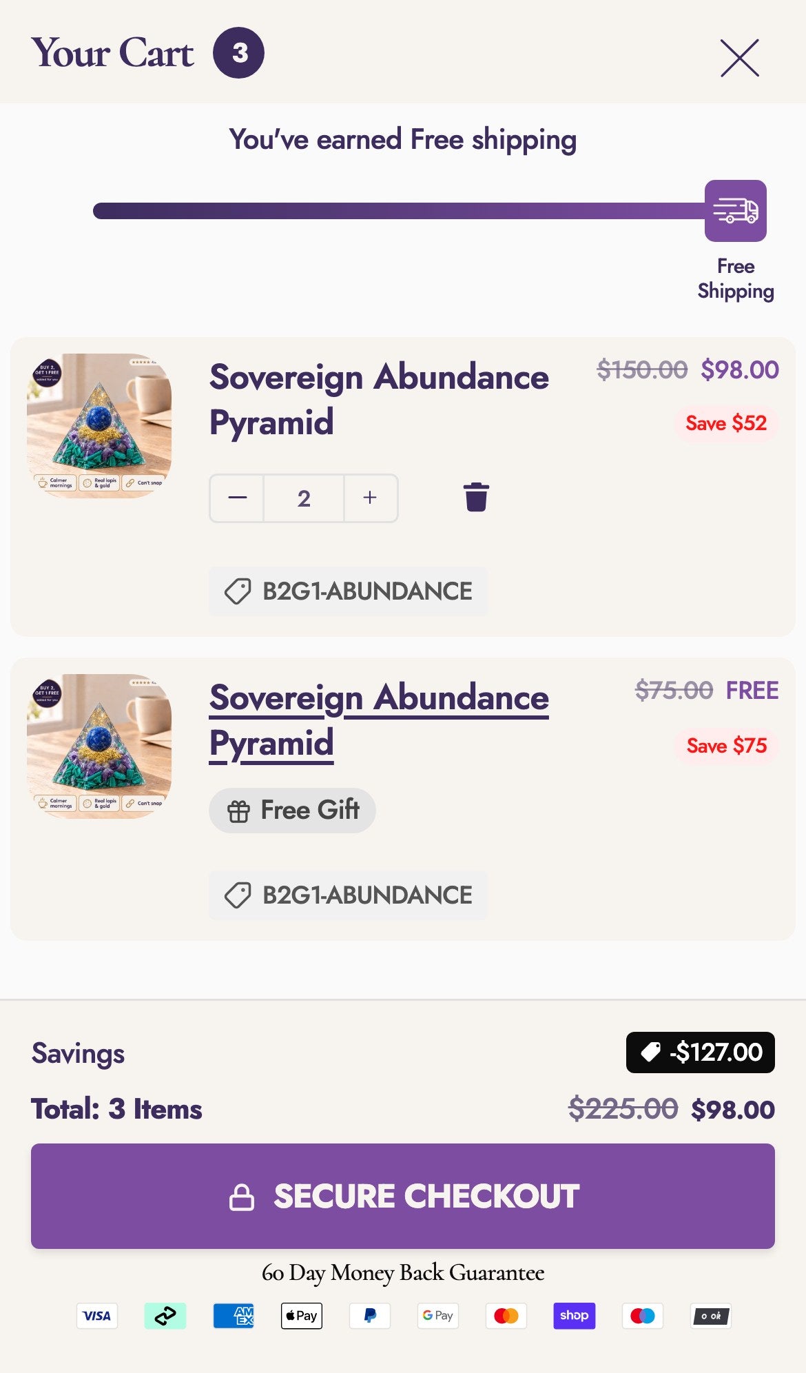 The cart: 3 Sovereign Abundance Pyramids, one free, $98