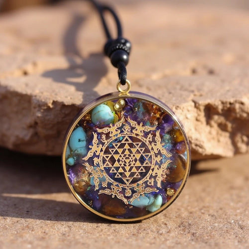 Orgonite Pendant “Sri Yantra” in Turquoise & Tiger’s Eye