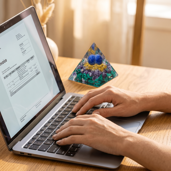 Hands typing an invoice with pyramid on desk