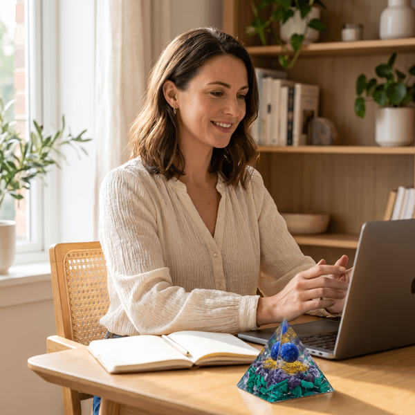 Woman mid video sales call pyramid on the desk corner