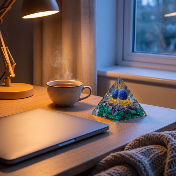 Closed laptop tea and pyramid on desk at dusk